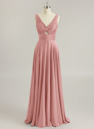 A-line V-Neck Floor-Length Silky Satin Prom Dresses With Pleated